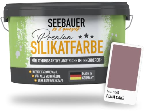 SEEBAUER diy Silikatfarbe Violett 10L für Innen (No. 955 Plum Cake) Atmungsaktive Mineralfarbe für Allergiker - Abwaschbare Wandfarbe - Violetttöne hohe Deckkraft