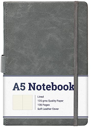 Colorage Lined Notebook - Thick Classic A5 Notebook with Pen Loop, Lined Thick Paper, 128 Pages, Grey, 8.4 x 5.7 inch, Faux Leather Cover + Bookmark + Back Pocket + Banded