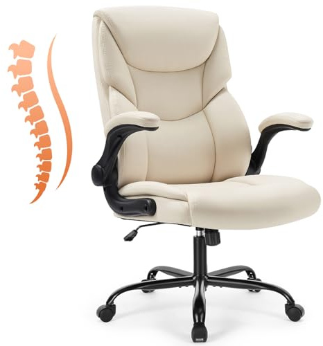Sweetcrispy Bürostuhl, Ergonomisches Pu-Leder Chefsessel, mit Hochklappbaren Armlehnen, Bürostuhl Leder mit Drehbaren Rädern, Geeignet für Büros, Zuhause und Andere Umgebungen (Weiß)