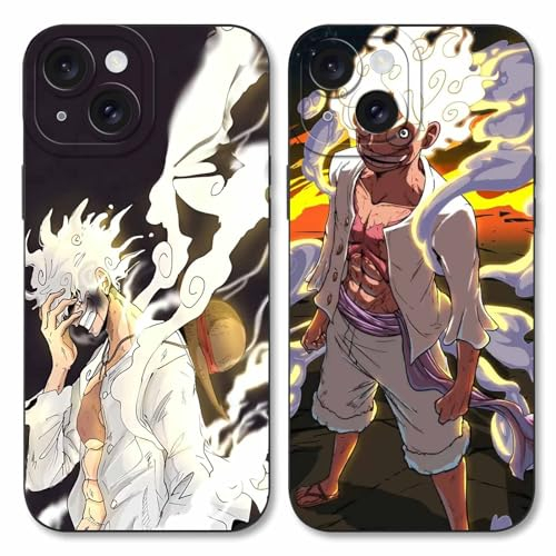 2 Stück Handyhülle für Apple iPhone 15 Hülle 6.1'' Anime Luffy Zoro Gear 5 Sun God Nika Muster Design Manga Case Kameraschutz Schutzhülle TPU Silikon Weich Ultra Dünn Cover -Schwarz5