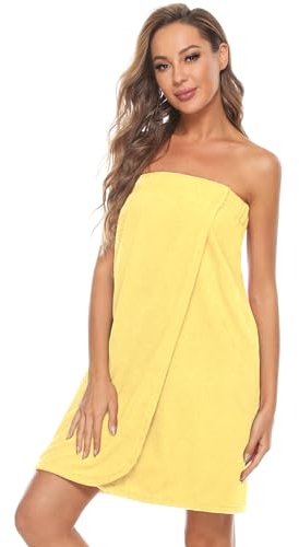Knuffnee Damen Bademantel Frottee Sauna kilt Saunatuch Saunakilt mit Tasche und Klettverschluss Gelb XL