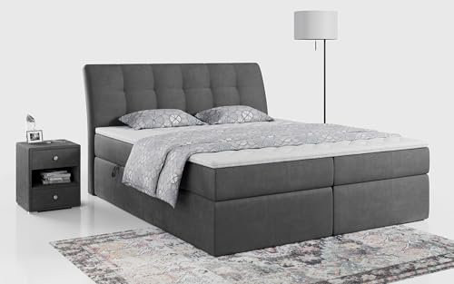 MKS MEBLE Boxspringbett 200x200 Grau Samt, Bett mit Multipocket Matratze H3 und Topper, Polsterbett 200x200 mit Bettkasten und Kopfteil, DIEGOS Dunkelgrau Velvet