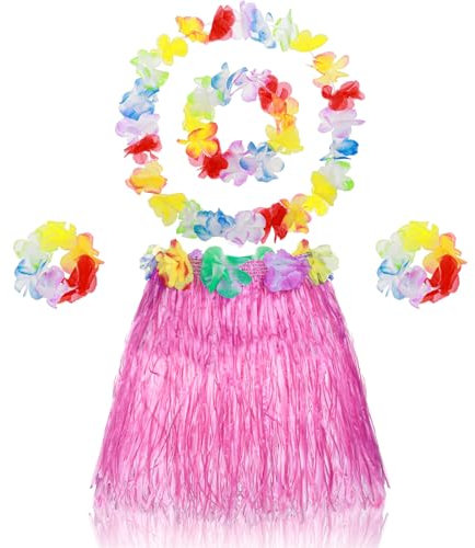 Abeillo Hawaii Hula Rock, 5er Hawaiianischer Hula Grasrock für Mädchen, Hula Tanzrock mit Blumen Kostümzubehör, Hawaiianische Hula Party Verkleidung für Mädchen Tropische Party-Dekorationen 40cm Rosa