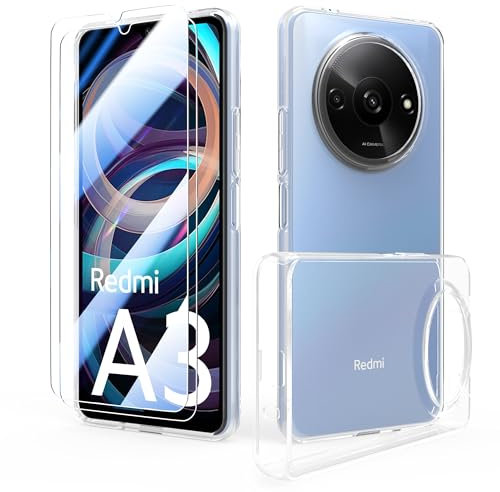 SMYTU Transparent Case for Xiaomi Redmi A3 4G with 2 Screen Protector,Crystal Clear Soft Silicone tpu Bumper Anti-Scratch Shockproof Cover - Transparent