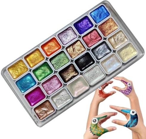 TAOLE Aquarell-Set mit 24 Farben, metallische Glitzer-Perlglanz-Aquarellfarben, Glitzer, einfarbige Aquarellfarben-Palette, solides Aquarell-Pigmentfarben-Set für Künstler
