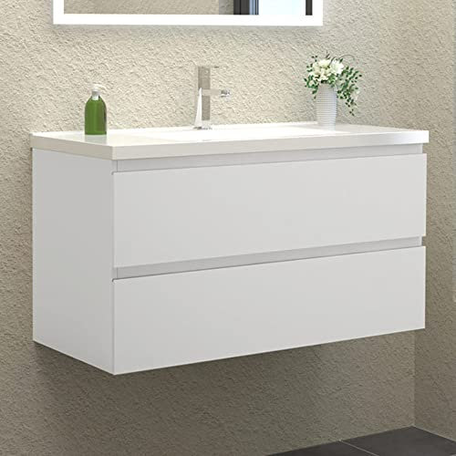 HAPAOSO Meuble Salle de Bain avec Vasque 99 cm + Casier Couleur Blanc(Deux tiroirs)