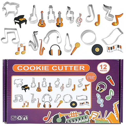 Holzsammlung Set di 12 Formine per Biscotti, Tagliabiscotti Acciaio Inox Cartone Animato Chitarra Pianoforte Forme Musica Set di Stampi Biscotti per Bambini DIY Biscotti, Fondente, Torte Decorazioni