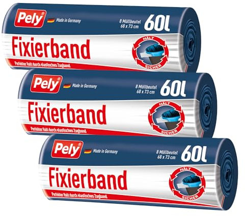 Pely Fixierband Müllbeutel 3er Pack - perfekter Halt durch elastisches Zugband, zur Entsorgung von Restabfall (60 Liter)