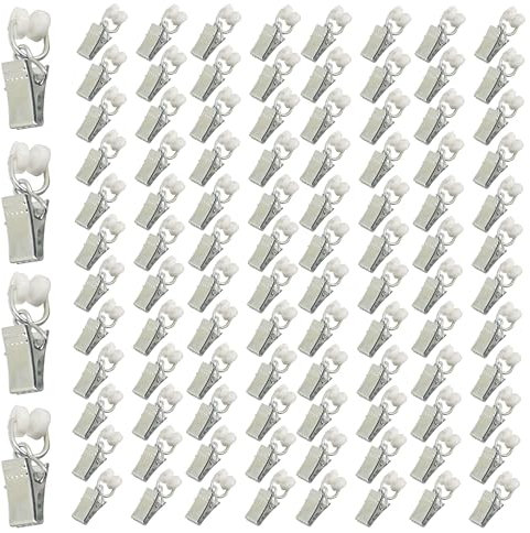 BRIOTA 100 Stück Vorhang Klammern mit Rollen, Vorhang Clips für Schiene, Vorhang Clips mit Rollen für Erkerfenster, Raumteiler, Duschräume, Wohnwagen, Autos (Weiß)