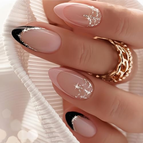 24 Pièces Faux Ongles Court Ovale,Français Press on Nails Naturel Acrylique Bâton sur Les Ongles Ballerine Artificiel Press on Nails pour Femmes et Filles (Français noir, 24 Pièces)