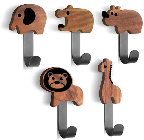5 Stück Tierform Kinder Garderobenhaken, kleiderhaken kinder aus Walnussholz, garderobenhaken kinder selbstklebend,Wand Wandaufhänger Türhaken Zwei Montagearten – selbstklebende Haken/Spreizschrauben