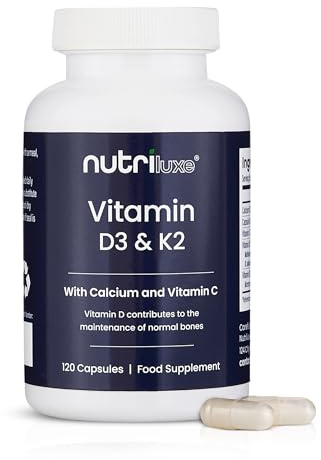 Vitamin D3 4000iu & K2 MK-7 with Calcium & Vitamin C, 120 Caps UK Made | Bone, Teeth & Immune Support, Normal Muscle Function, Calcium Absorption, Vegetarian, 4 Month Supply, One a Day