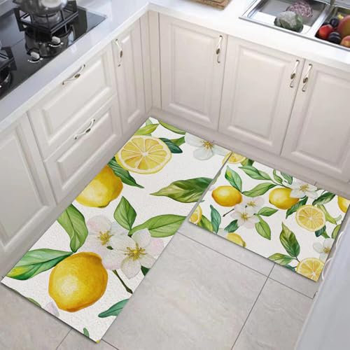 MULERN Küchenteppiche rutschfest Waschbarer, Süße Zitrone Küchenläufer Küchenmatten, Flur Wohnzimmer Boden Badezimmer Küchen Teppich, Obst Staubdicht Fußmatte 40X60Cm+40X120Cm