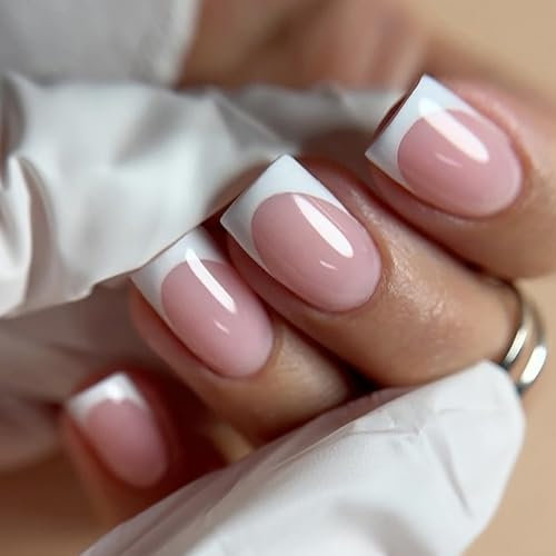 Stick on Nails French Tip - 24PCS Medium Square False Nails with Glue - Nude Press on Nails French Tip - Natural Fake Nails for Women - Full Cover Nail Tips and Glue Long Lasting