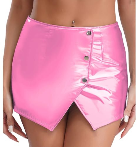 Alvivi Femme Sexy Mini Jupe De Hanche Taille Haute Wetlook Crayon Jupe en Cuir Verni Tenue Soirée Rave Party Rose S