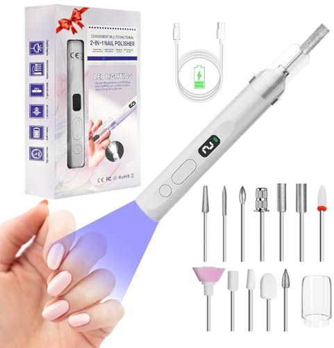 Electric Nail File Cordless with Nail Lamp, 3-Speed Adjustable E File Manicure Nail Drill Bits Set with 12 Grinding Heads, Electric Manicure Pedicure Kit Gifts for Beginner Girl Women Mum (White)