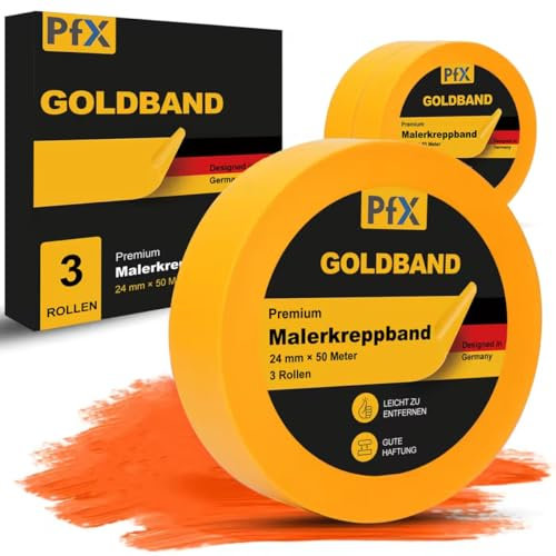 PfX Goldband Malerklebeband (24mm x 50m) – 3x Abklebeband Maler – Maler Klebeband & Klebeband Malerarbeiten für Streichen, Lackieren und Renovierungen