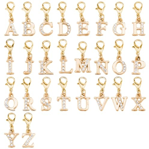 SUPERFINDINGS 26 breloque Alphabet en Alliage Strass Pendentif à Clipser Breloques Chat Doré Breloques à Connecter pour Fête Mariage Cadeau Décoration Lettres A à Z 26mm Or