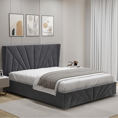 Blisswood King Size Ottoman Bed Frame, Upholstered Gas Lift-Up Storage Bed with Headboard, 5ft Kingsize Velvet Finish, Wooden Slats Bed Frame for Bedroom & Guest Room (150x200cm Dark Grey_No Mattress)