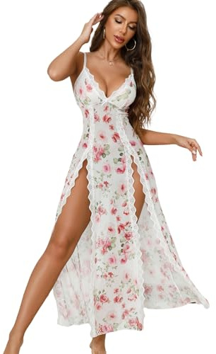 Tomkids Set di biancheria intima da donna in pizzo – Babydoll sexy con scollo a V e spacco laterale | Tessuto a rete Negligée, Corsage & Camicia da notte in una XL, Rosa bianca 1, XL