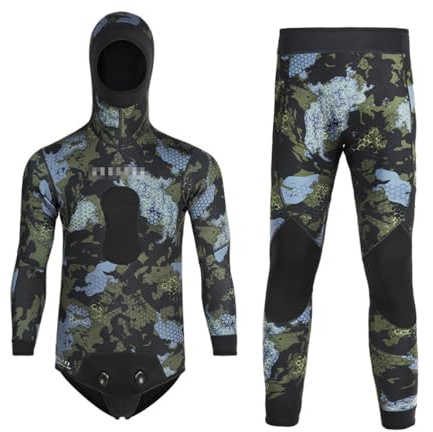 Muta da Uomo a Maniche Lunghe, 2 Pezzi in Neoprene 3mm Muta Mimetica con Cappuccio Integrato per Pesca Sub in Apnea, Snorkeling, Surf, Immersioni Subacquee - Giacca e Pantalone Completi L