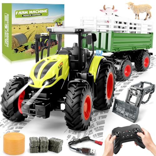 YOOHBERRYS Ferngesteuerter Traktor Ferngesteuert, RC Traktor mit Elektrischer Anhänger und Licht, Trecker Spielzeug mit Greifer, Rindern und Heuballen, Geschenk für Kinder ab 4 5 6 Jahre