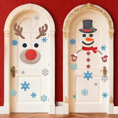 AUGSUN - Pegatinas para puerta de Navidad de fieltro, 2 piezas grandes modelos de nieve y reno, decoración de pared para puerta de entrada, fiesta de Navidad en casa o oficina