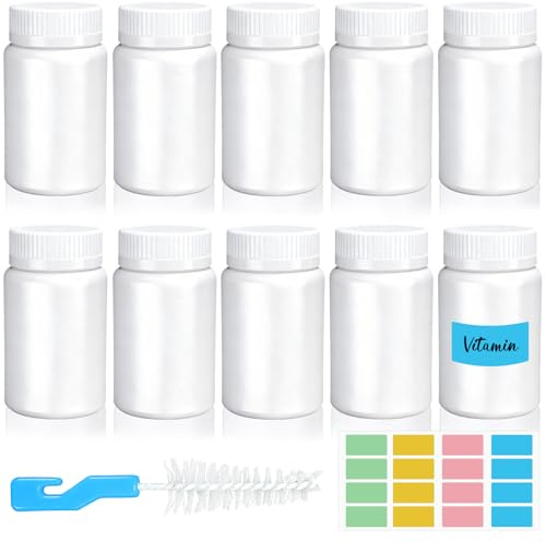 Mispudin Lot de 10 Flacons de Pilules Vides en Blanc de 100ml, Bouteilles en Plastique Rondes pour Pilules avec Autocollant, Brosse, Bouteilles de Rangement pour Comprimés et Médicaments
