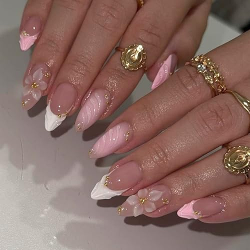 TESGADGETS Set of 24 elegant almond-shaped artificial nails in pink and white gradient adorned with 3D floral and pearl designs suitable for everyday and parties
