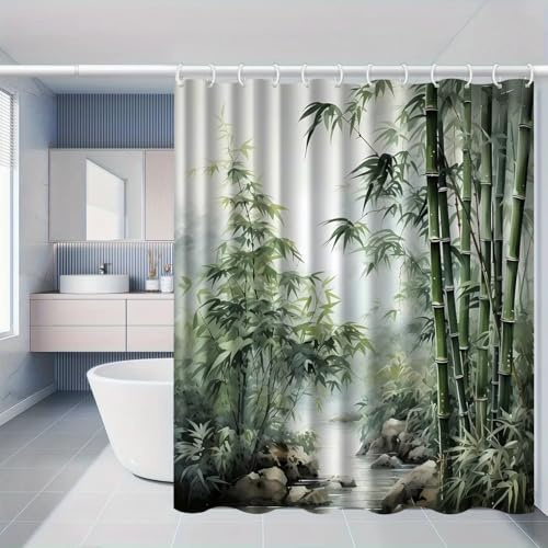 HNBFKD Rideau de Douche à Motif Bambou, en Polyester Lavable en Machine, avec 12 Crochets, pour la décoration de Votre Salle de Bain 95x220cm/(WxH)