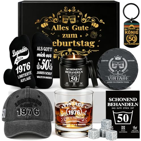 50. Geburtstag für Männer, Vintage 1976 Geburtstagsgeschenke Männer, Geschenkbox zum 50 Geburtstag mit Whisky Steinen, Tasse, Socken, Schlüsselanhänger, Kerze & Karte, Geschenk für Mann Papa Freund