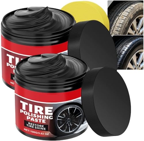 Reifenglanzpaste & Polierwachs, langanhaltende Reifenglanzcreme mit Schwamm für PKW, LKW, SUV & Wohnmobile, verleiht tiefen, schwarzen Glanz mit Schutz vor Sonnenschäden und wasserabweisender (2pcs)