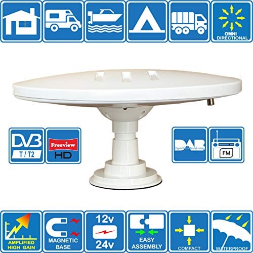 HELIO-MAGNET Antenna TV HD Digitale Omnidirezionale ad Alto Guadagno con Amplificatore Incorporato da 33dB per DVB-T2 UHF FM DAB. 12V / 24V. Per Camper, HGV, Caravan, Barca o Camping di Unispectra®