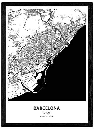 Nacnic Poster mit Karte von Barcelona - Spanien. Blätter von Städte in Spanien mit Meeren und Flüssen in schwarz und weiß. A3