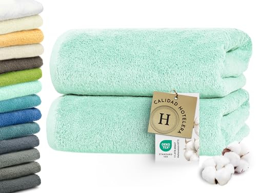 ZOLLNER 2er Set Badetücher in 100x150 cm - besonders weiche und saugstarke Saunatücher in Mint - mit praktischem Aufhänger - waschbar bis 95°C - Baumwolle - Hotelqualität