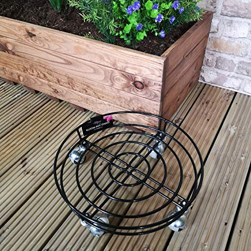 Tom Chambers Handcrafted Heavy Duty Round Black Metal Garden Patio Plant Flower Pot Stand Caddy Trolley on Strong Metal Castor Wheels 27cm