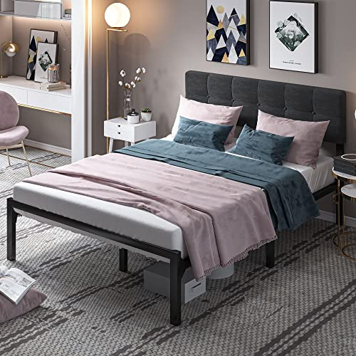 YITAHOME Metallbett Bettrahmen Rahmenbettgestell mit Stahllatten, Gepolstertes Plattformbett mit verstellbarem Kopfteil, kein Boxspring erforderlich/Matratzenunterbau,155x209cm