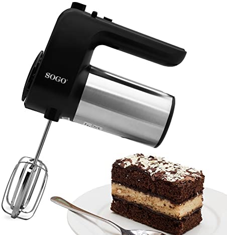 SOGO Amasadora para Repostería, Pan y Mas, Mezcladora y Batidora de Varillas, De Mano, sin Bol, Con 6 velocidades + Turbo, Sin BPA 400W, Acero Inox (SS-14310)