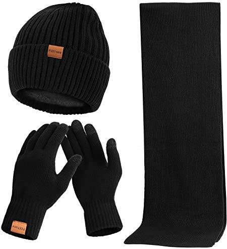 FVXYnnv Winter Beanie Mütze Schal Handschuhe Kombi Set - Fleece Innenfutter Knitted Hat, Warme Touchscreen Gloves, Weiche Lange Scarf für Damen Herren (Schwarz)