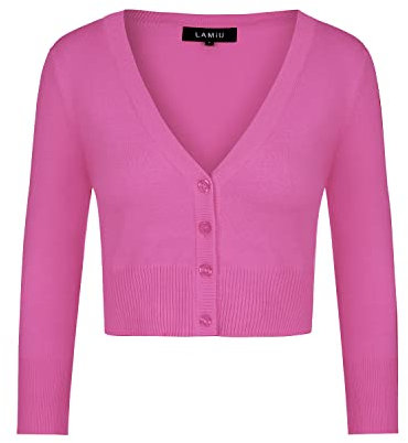 MINTLIMIT Cardigan court en tricot à manches 3/4 avec quatre boutons vintage pour femme, fuchsia, XL