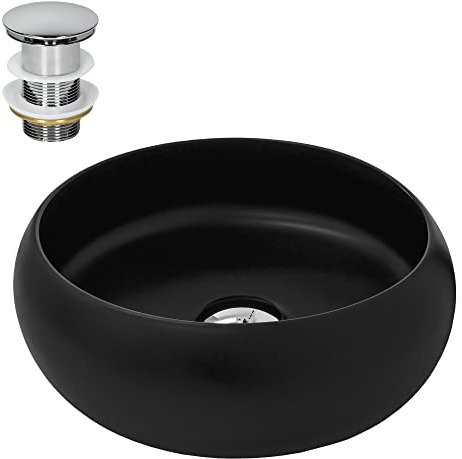 ML-Design Lavabo da Appoggio in Ceramica Ø 35 x 12 cm Nero Opaco incl. Piletta di Scarico per Lavandino senza Troppopieno Lavello per Bagno Rotondo Set Drenaggio Acciaio Inox Design Moderno