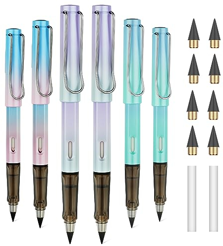 OFFCUP Ewiger Bleistift Metall, 6 Stück Tintenlose Bleistifte Ewig, Unendlicher Bleistift mit Radiergummi, Magischer Bleistifte mit Wechselkopf Magic Pencil Infinity für Erwachsene Studenten -Gradient