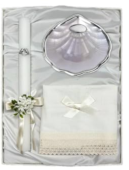 Sanchis Salcedo Taufset Stumpenkerze mit Schleife, Leinentuch und Taufmuschel Perlmutt versilbert