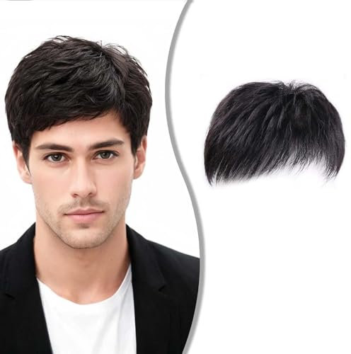 Men's Hair Piece - Black Wig Hair System, Real Human Hair Toupee for Invisible Forehead Hairpiece Fringe Bang Replacement System