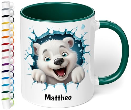 True Statements Weihnachtstasse für Kinder mit Namen personalisiert und 3D Motiven - 330ml Keramik Tasse Mädchen Junge – Geschenk zu Weihnachten (Dunkelgrün)