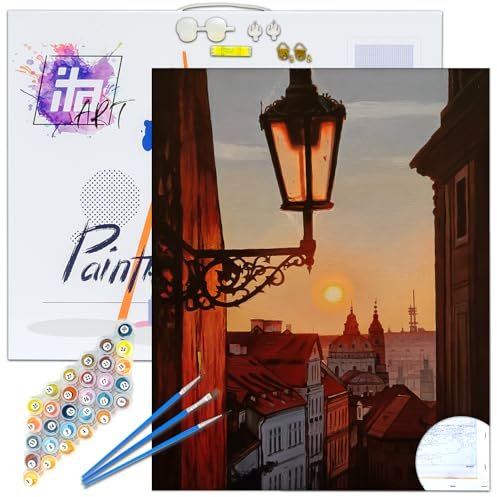 ITA ART Malen nach Zahlen Komplett Set mit Keilrahmen, Acrylfarben, Pinseln, Zubehör, Geschenkbox - DIY Gemälde Bastelset Kit mit Leinwand für Erwachsene, 40x50 cm, Goldenes Prag