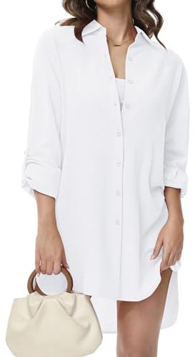 Tanmolo Damen Bluse V-Ausschnitt Hemdbluse Langarm Lässiges Hemd zum Knöpfen Langarmshirt Casual Oberteile Aufrollen Tops (Weiß,XL)