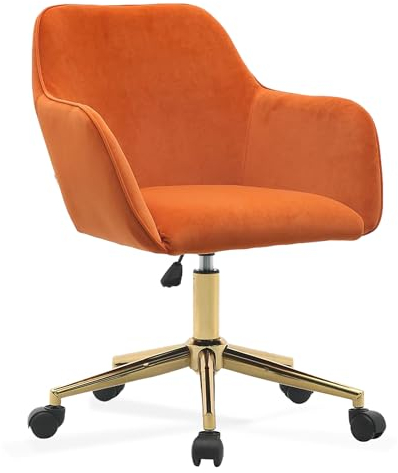 DEKKETO Orange Samt Drehstuhl, Schminktisch Stuhl mit Rollen, Bequem Schminkstihl Bürostuhl Sessel mit Lehne, Höhenverstellbare Schreibtischstuhl mit Goldenem Sockel für Schlafzimmer, Waschtisch