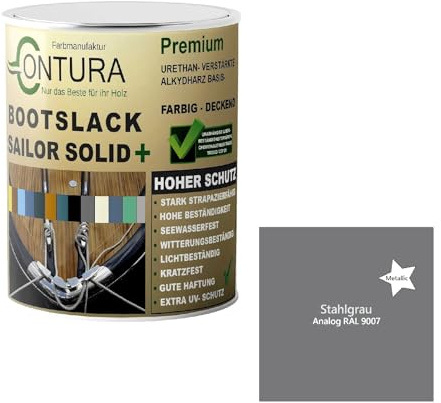 Contura Bootslack Farbig GLÄNZEND Yacht- Buntlack Metall Holz GFK Holzlack Boot Farblos (Stahlgrau Metallic - RAL 9007, 500ml.)