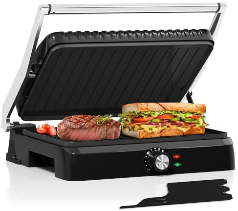 HOMELUX Griglia a contatto, panini Grill 2200 W, tostapane per grigliare senza grassi, tostapane, con piastre antiaderenti 34 x 23 cm, apertura a 180°, 3 altezze fisse, raschietto per la pulizia